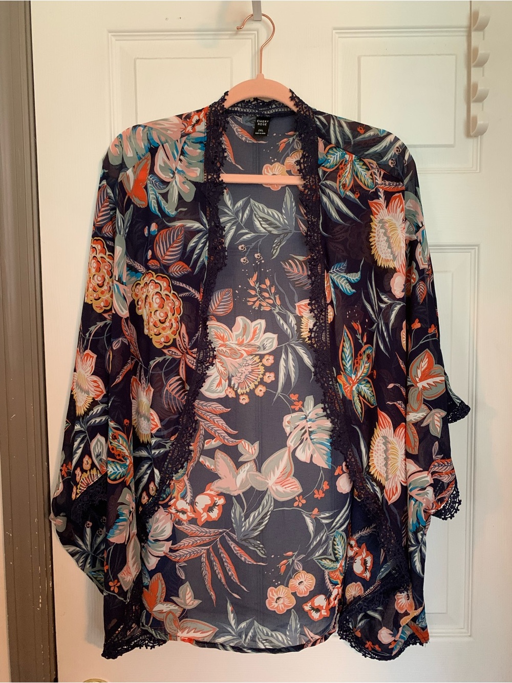 EMERY ROSE Navy Blue Floral Lace-Trim Kimono Cardigan